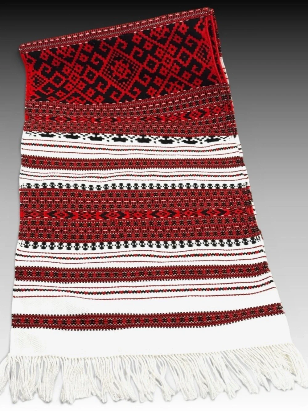 Vintage Ukranian Folk Art Handwoven Red & Black Patterned Fringe Runner